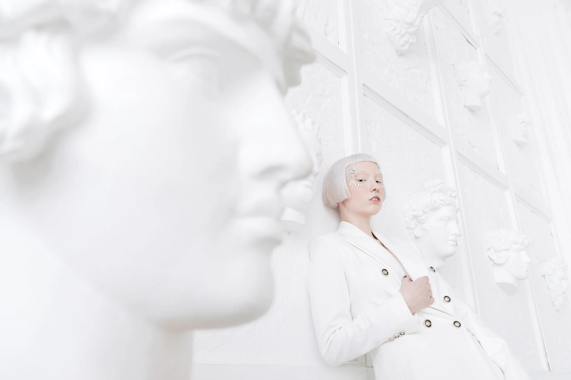 Sculptural white fashion editorial look 2