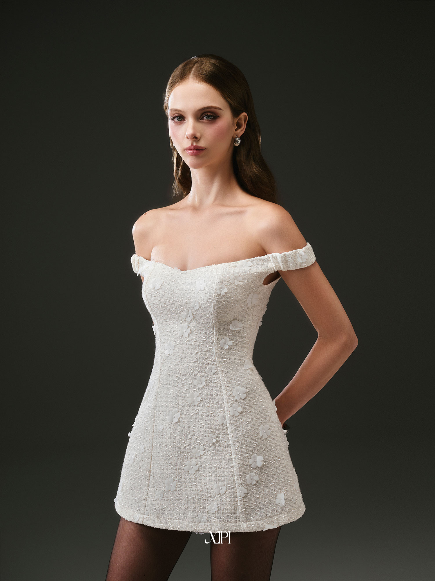 Bliss Dress - Đầm Tweed Kem Bẹt Vai Đính Hoa 3D alternate