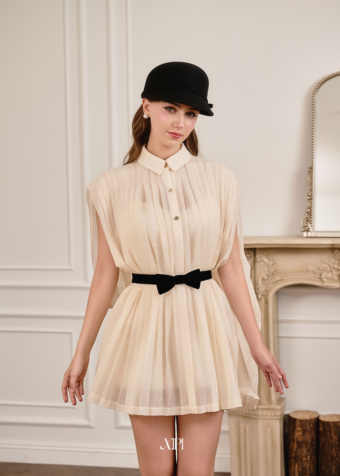 Mercy Shirt Dress - Đầm Sơ Mi Xếp Li Thắt Nơ Đen Kèm Lót
