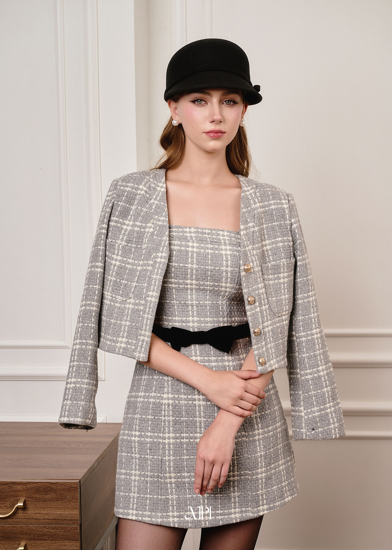 Zenna Coat - Áo Tweed Caro Xám alternate