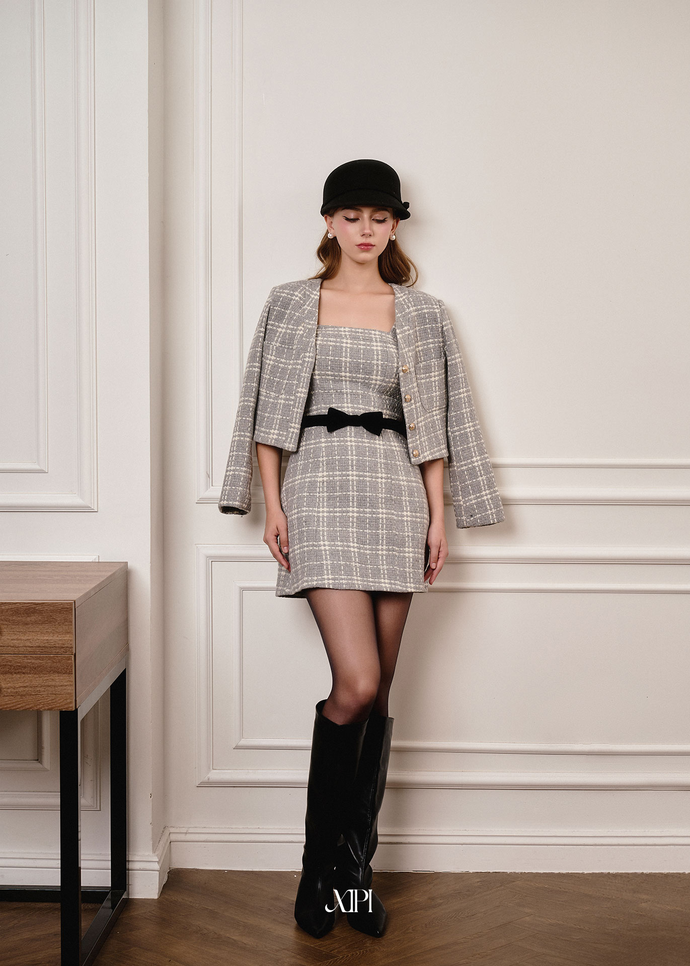 Zenna Coat - Áo Tweed Caro Xám