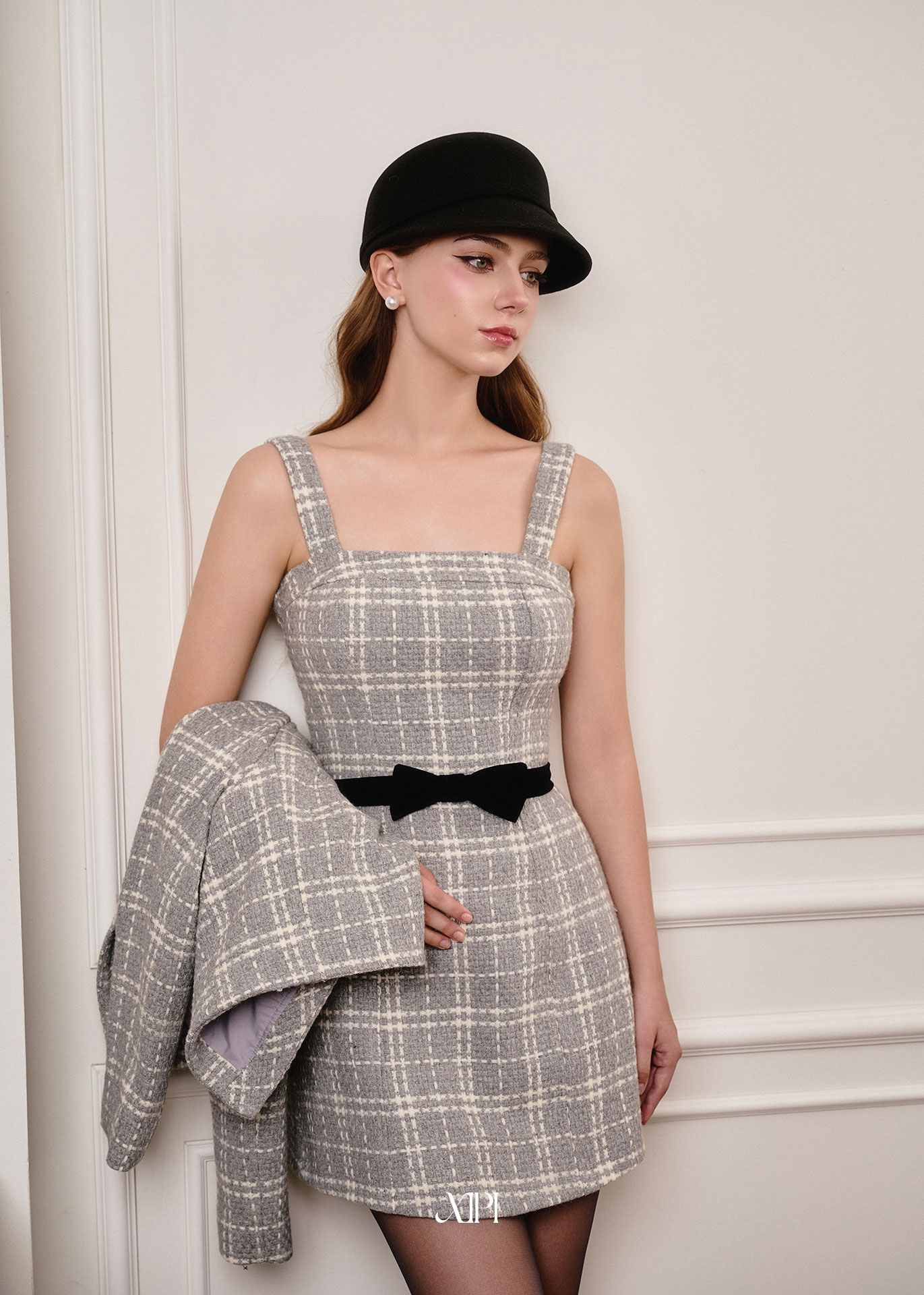 Zenna Dress - Đầm Tweed Caro Xám