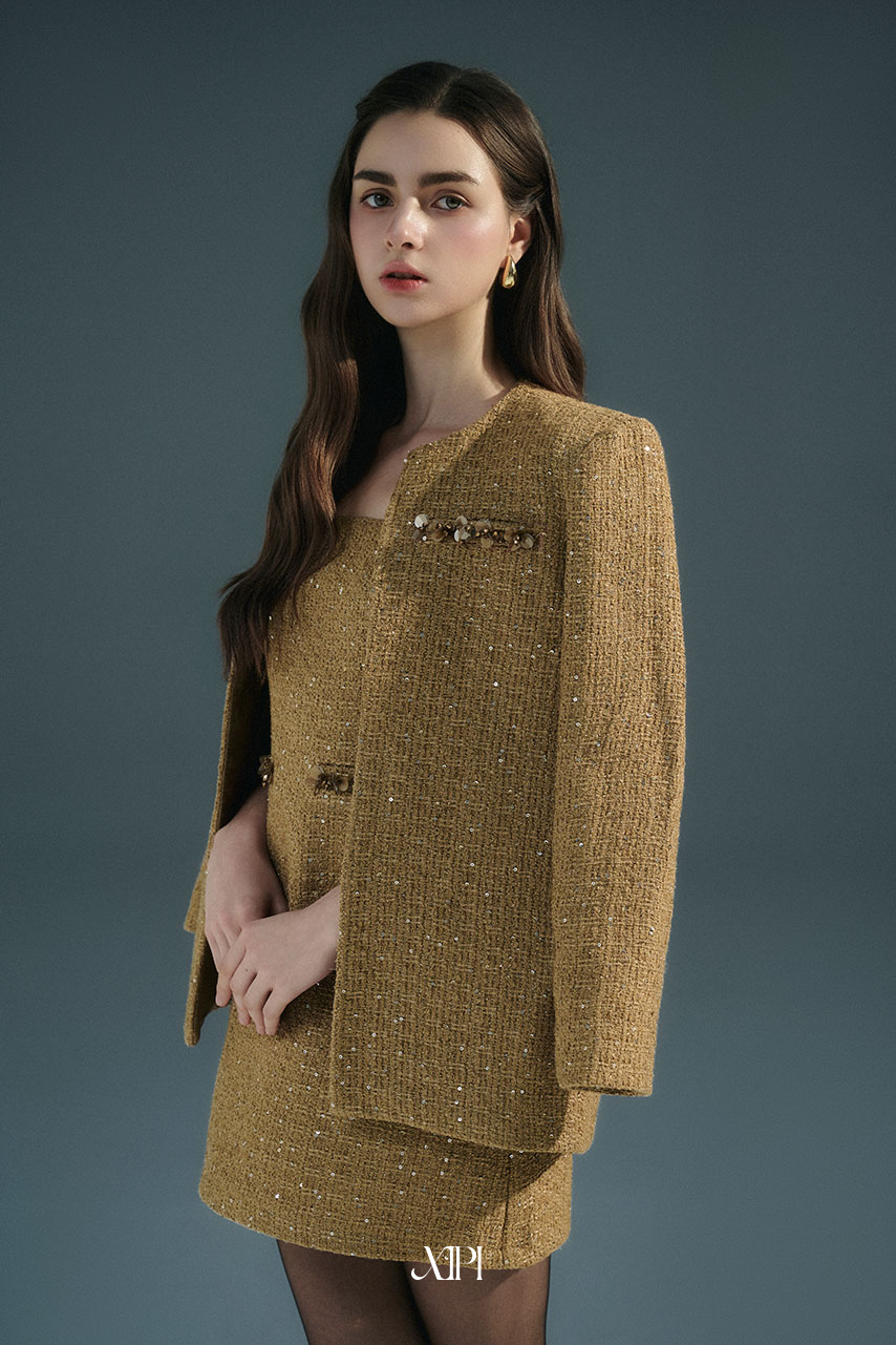 LaVerne Coat - Áo Khoác Tweed Nâu Đính Dây Hoa Đá alternate