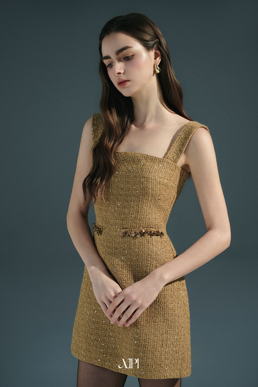 LaVerne Dress - Đầm Tweed Nâu Đính Dây Hoa Đá