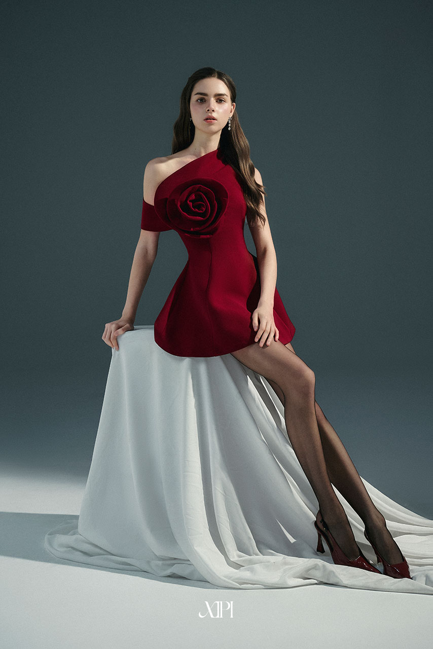 Clyde Red Dress - Đầm Lệch Vai Đỏ Đính Hoa