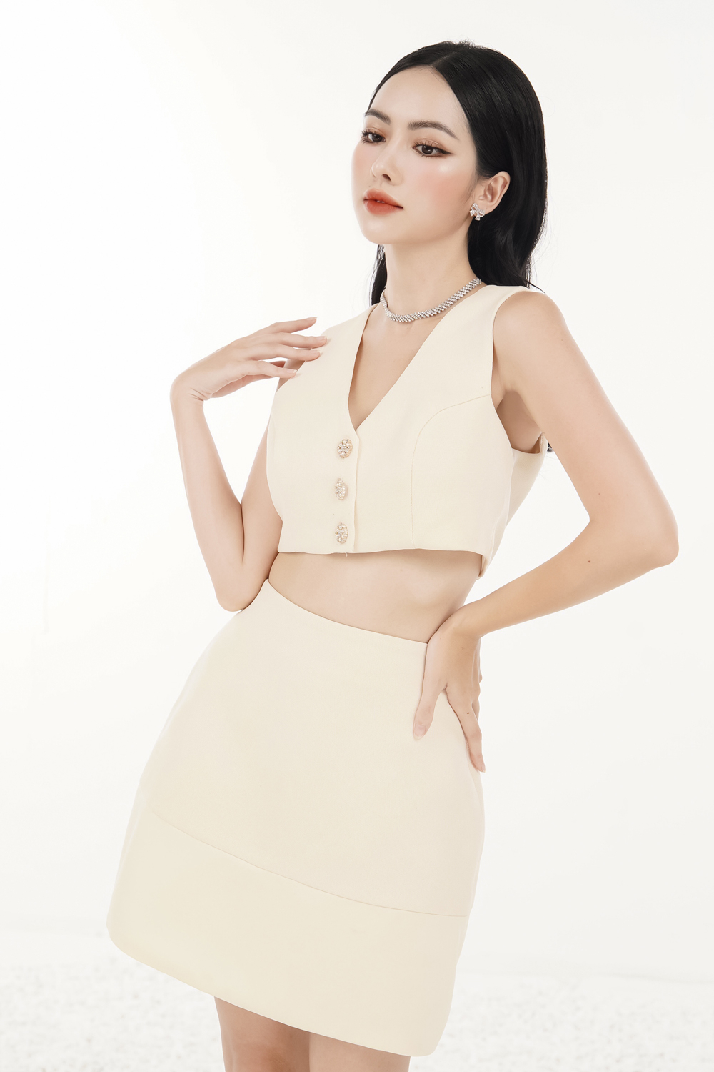 Chân Váy Kem Phối Lai
