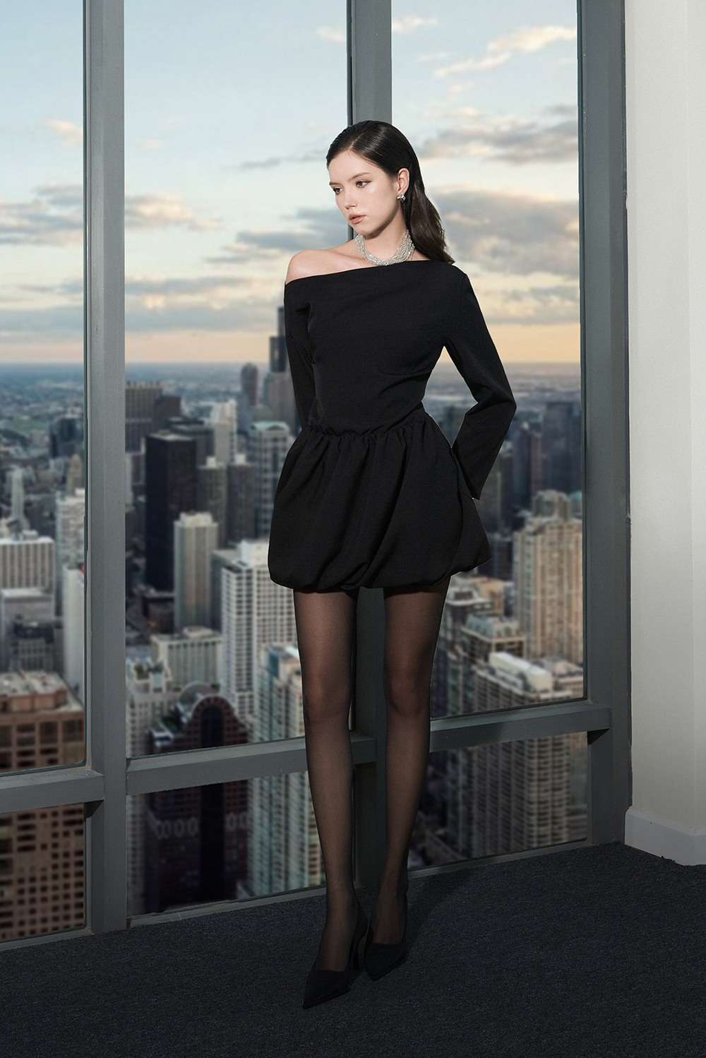 Esther Dress - Đầm Đen Lệch Vai Tùng Nhún Xéo