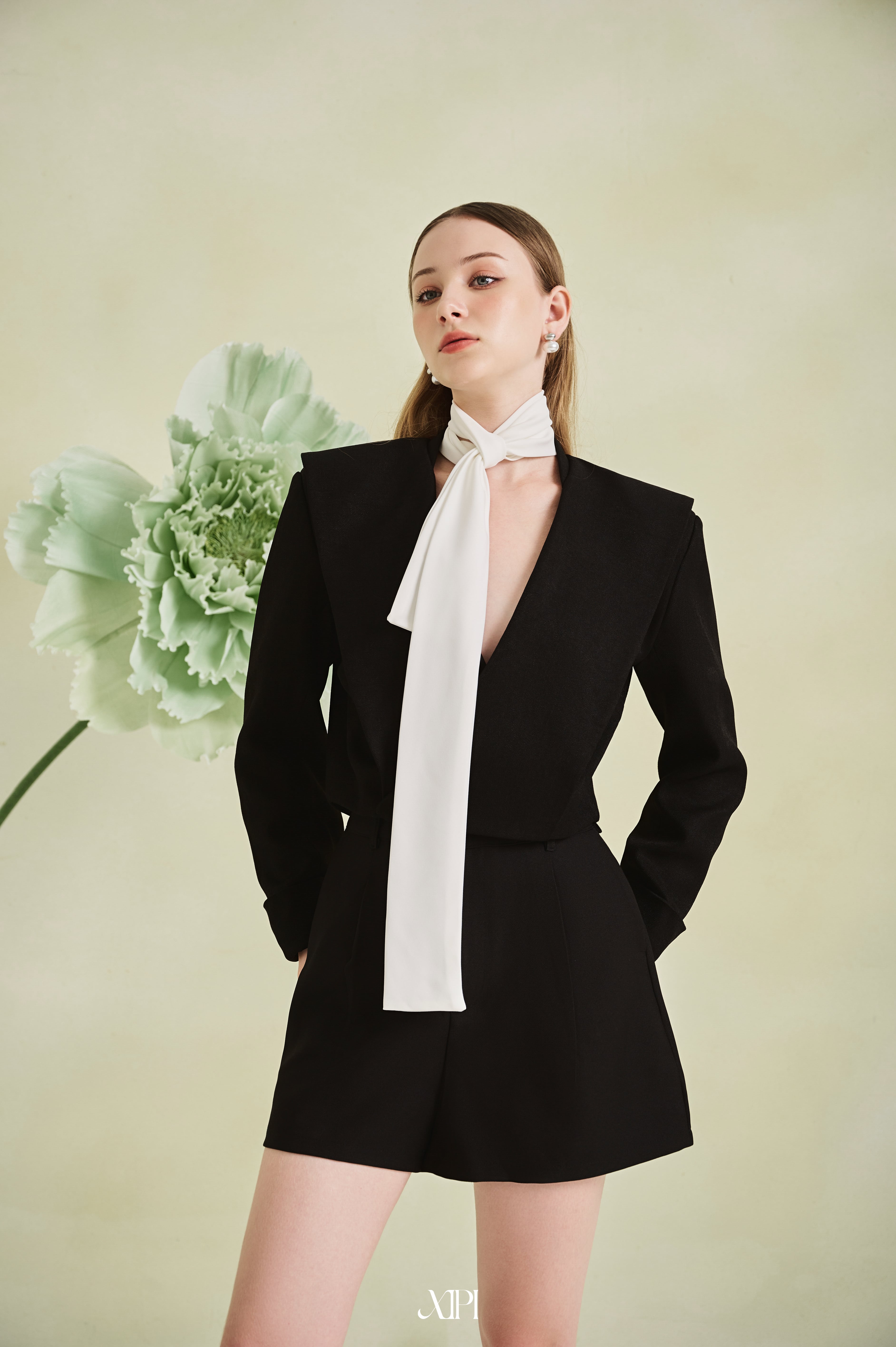 Audrey Vest - Áo Đen Dài Tay Cổ V Đính Dây Trắng