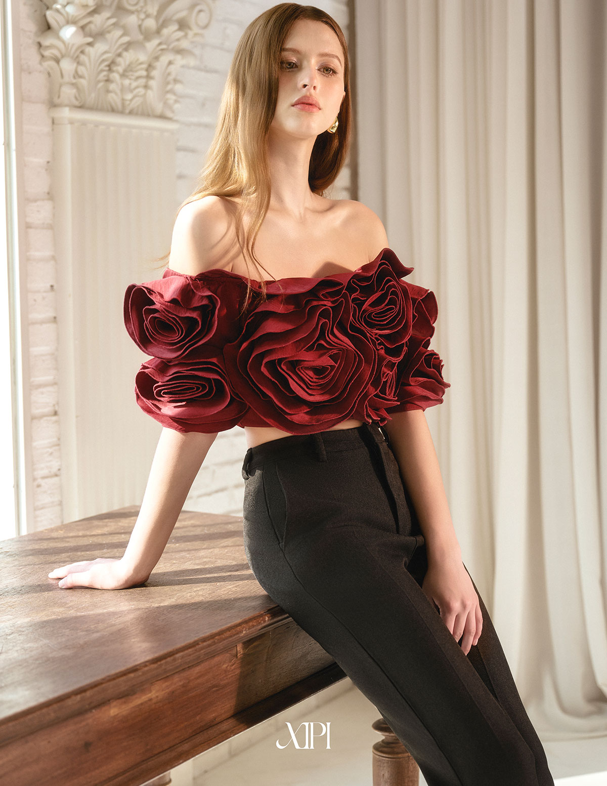 Elina Red Top - Áo Croptop Bẹt Vai Đỏ Đính Hoa alternate