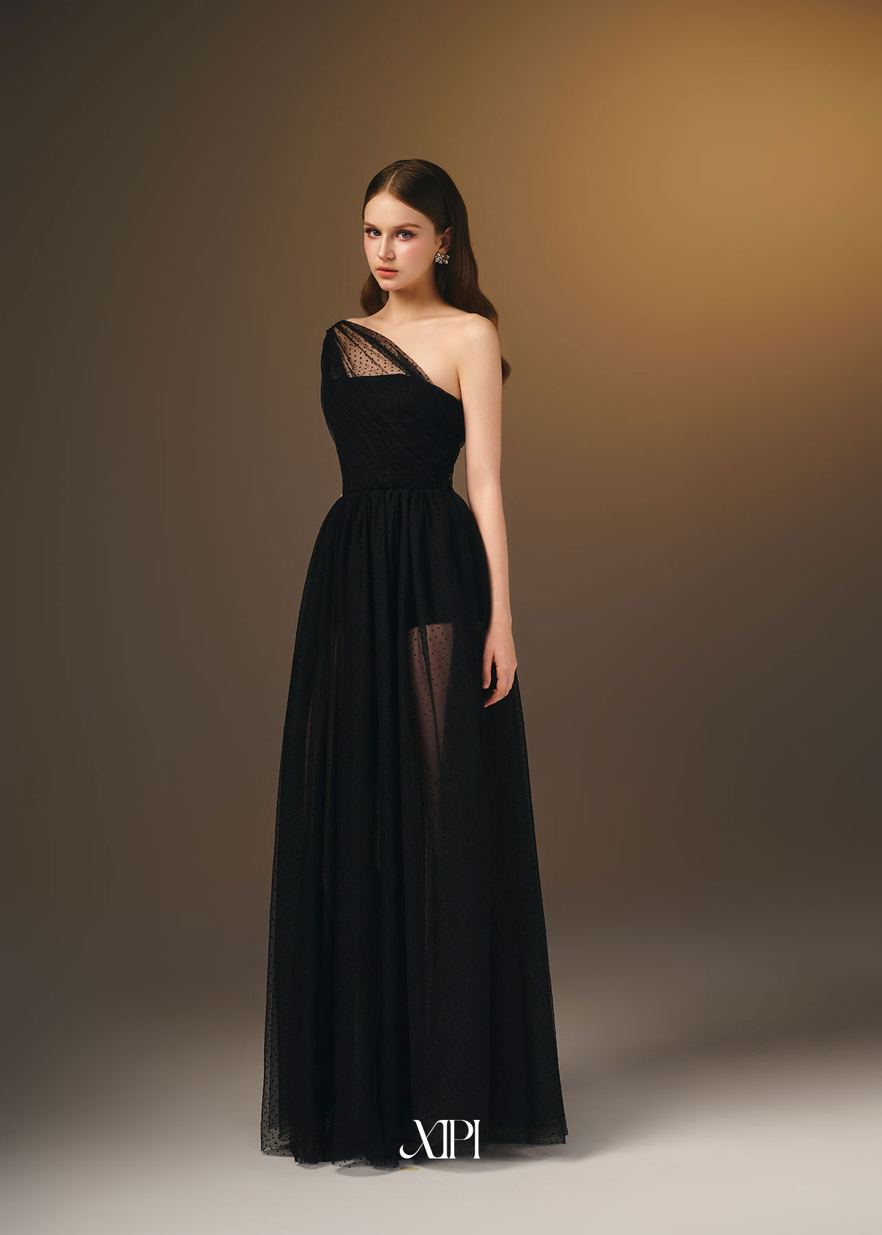 Adelina Dress - Đầm Lưới Chấm Bi Đen Lệch Vai alternate