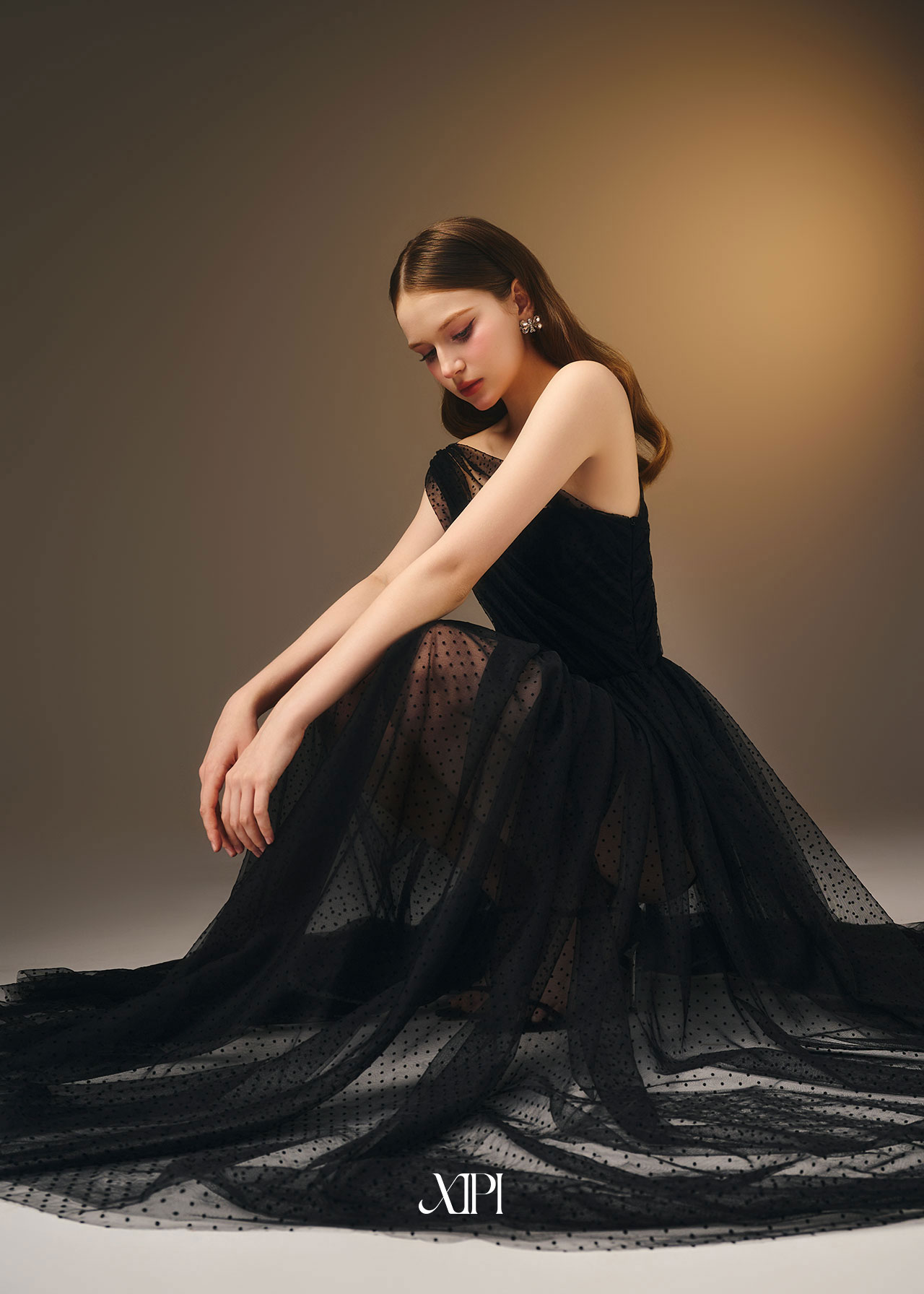 Adelina Dress - Đầm Lưới Chấm Bi Đen Lệch Vai