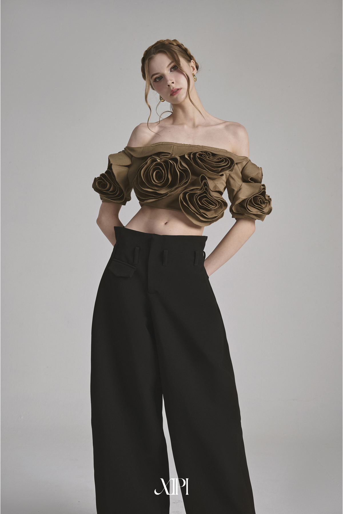 Elina Brown Top - Áo Croptop Bẹt Vai Nâu Đính Hoa
