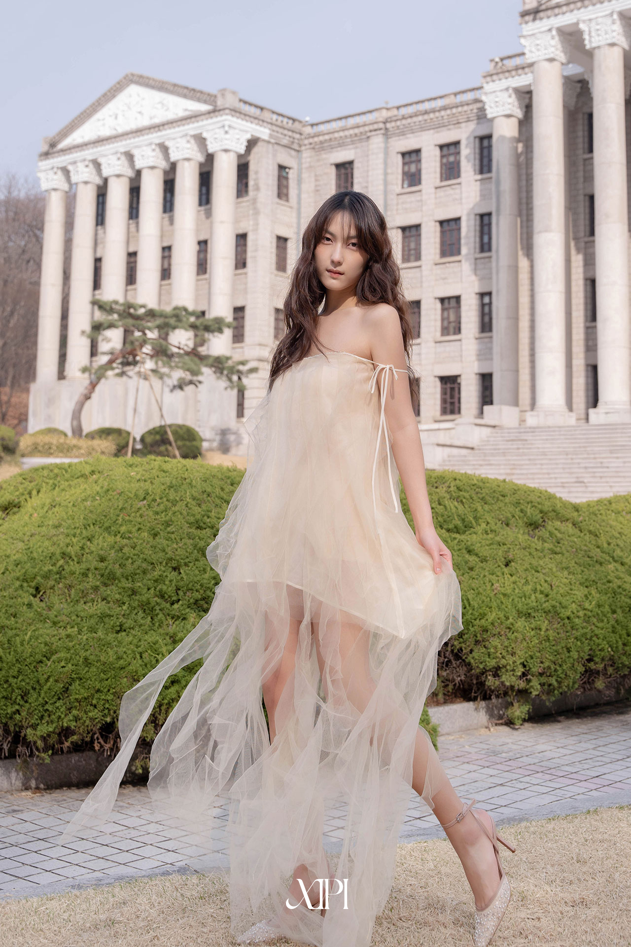 Joylynn Dress - Đầm Ống Lưới Kem Bèo Dọc