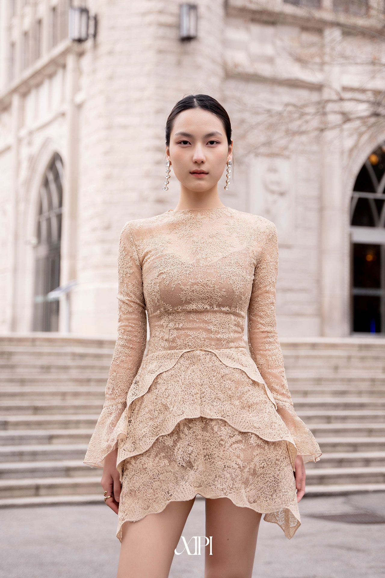 Marjorie Dress - Đầm Ren Dài Tay Tùng 3 Tầng Bèo