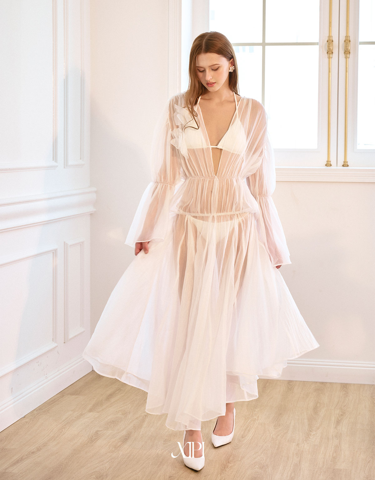 Tiered Maxi Dress - Đầm Voan Trắng Dài Tay Đính Hoa