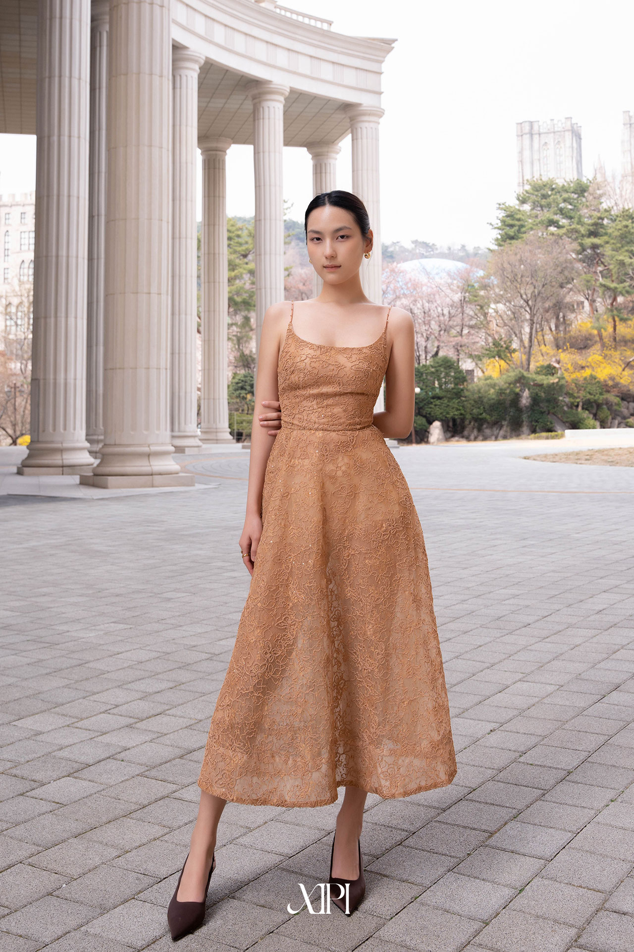 Elowen Dress - Đầm 2 Dây Ren Nâu Dây Đính Đá