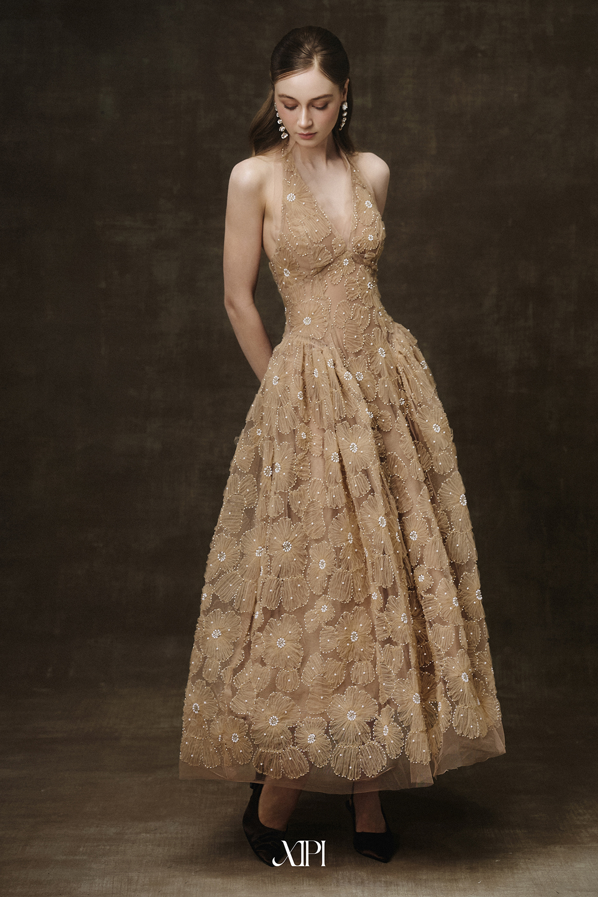 Marielle Dress - Đầm Yếm Ren Nâu Đính Ngọc