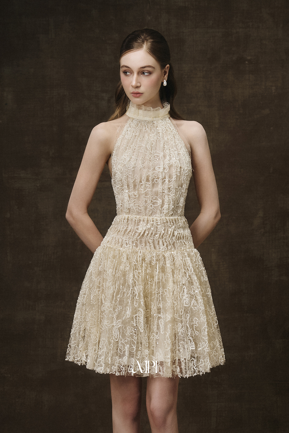Narce Dress - Đầm ren kem cổ yếm xếp ly alternate